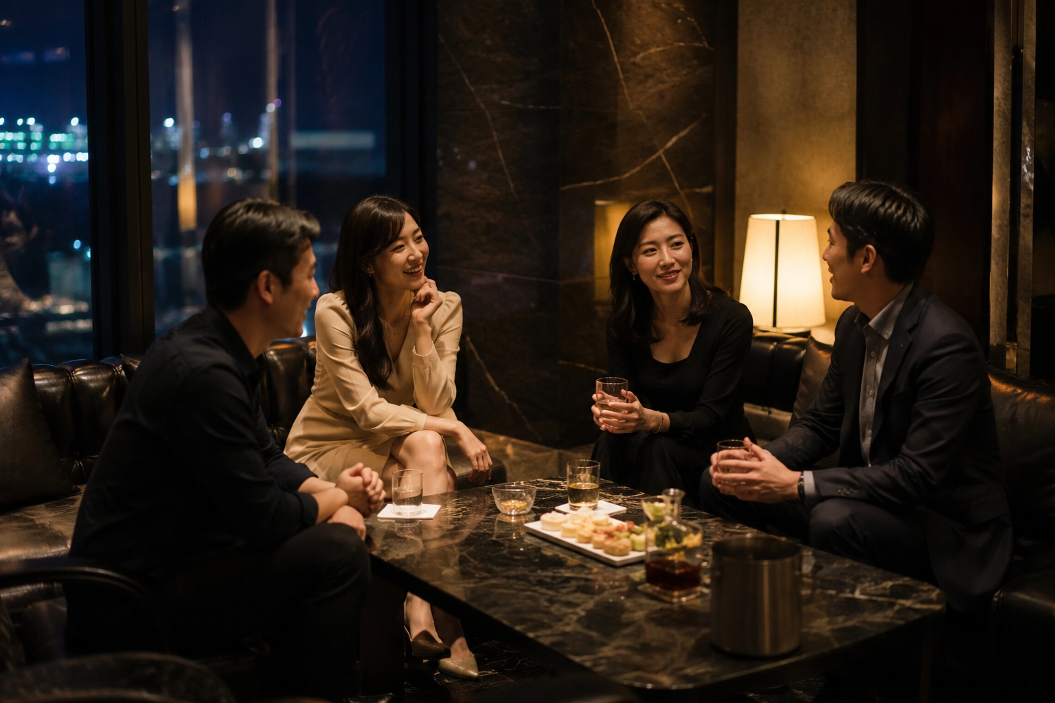 제주 여행 후 조용한 분위기에서 술자리를 즐기는 단체 모임